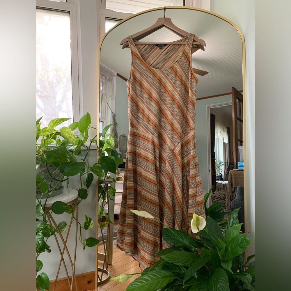 Lauren Ralph Lauren Cotton Desert Stripe Flare Dress Fall Autumn Boho XL Maxi